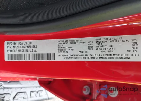 2023 Ram 1500 Laramie 4X4 5'7 Box z USA, uszkodzony, nr VIN 1C6SRFJT4PN501763